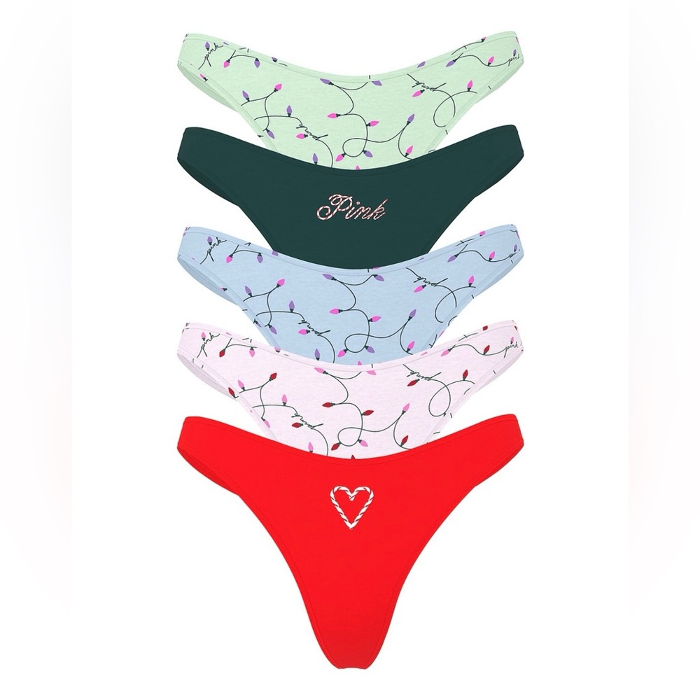 VS PINK CHRISTMAS Thong Panties Large Multi 5 Pack NEW